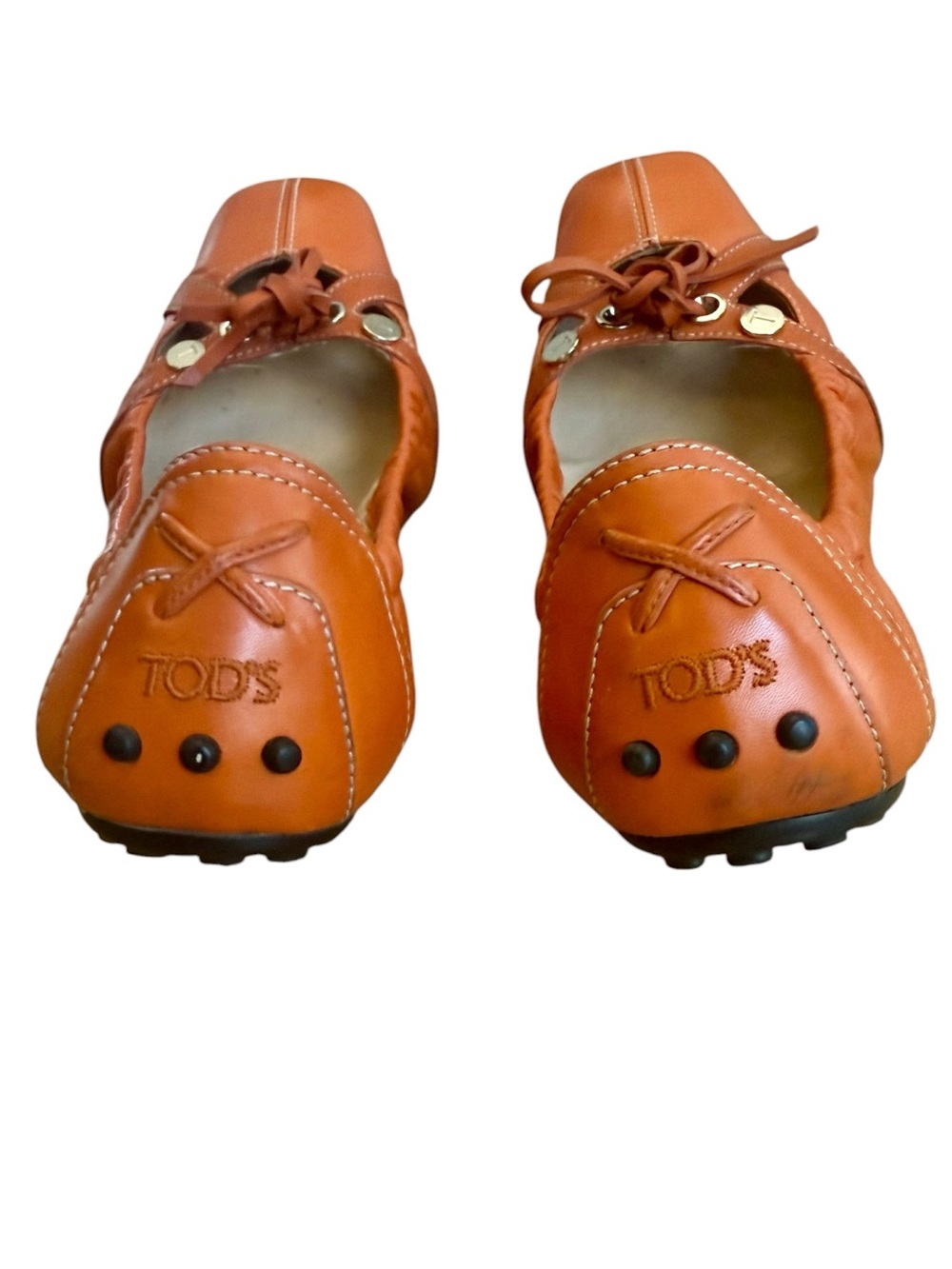 Tod's Orange Leather Square-Toe Flats with Tie and Eyelet Detail - Picture 4 of 7
